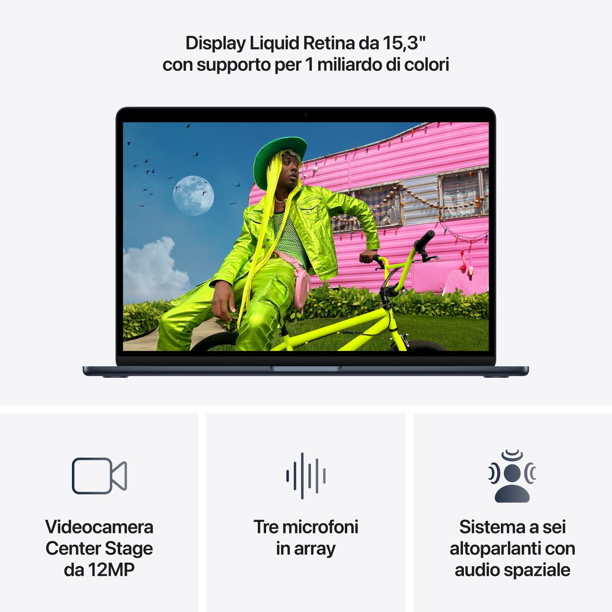 Apple MacBook Air 15” con chip M5, CPU 10‑core e GPU 10‑core, 24GB di memoria unificata e SSD da iITB, display Liquid Retina da 15", colore MIdnight. mazzotta.store