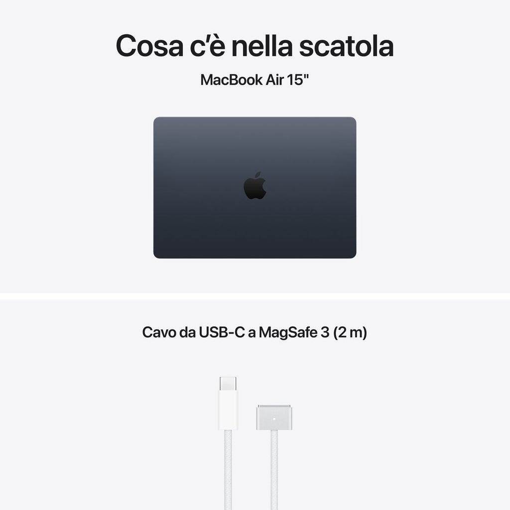 Apple MacBook Air 15” con chip M5, CPU 10‑core e GPU 10‑core, 16GB di memoria unificata e SSD da 512GB, display Liquid Retina da 15", colore MIdnight. mazzotta.store