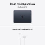 Apple MacBook Air 15” con chip M5, CPU 10‑core e GPU 10‑core, 16GB di memoria unificata e SSD da 512GB, display Liquid Retina da 15", colore MIdnight. mazzotta.store