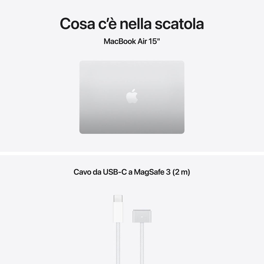 Apple MacBook Air 15” con chip M5, CPU 10‑core e GPU 10‑core, 16GB di memoria unificata e SSD da 1TB, display Liquid Retina da 15", colore Silver. mazzotta.store