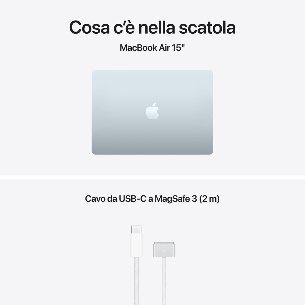 Apple MacBook Air 15” con chip M5, CPU 10‑core e GPU 10‑core, 24GB di memoria unificata e SSD da 1TB, display Liquid Retina da 15", colore Sky Blue. mazzotta.store
