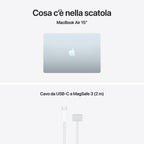 Apple MacBook Air 15” con chip M5, CPU 10‑core e GPU 10‑core, 24GB di memoria unificata e SSD da 1TB, display Liquid Retina da 15", colore Sky Blue. mazzotta.store