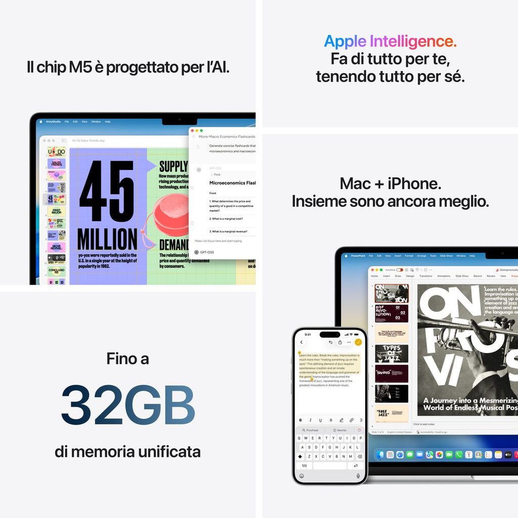 Apple MacBook Air 15” con chip M5, CPU 10‑core e GPU 10‑core, 24GB di memoria unificata e SSD da 1TB, display Liquid Retina da 15", colore Starlight. mazzotta.store