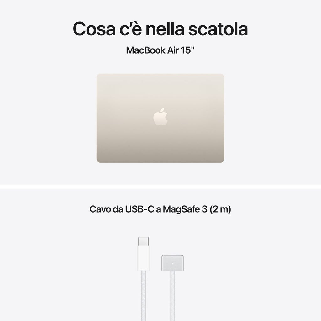 Apple MacBook Air 13” con chip M5, CPU 10‑core e GPU 10‑core, A16GB di memoria unificata e SSD da 512GB, display Liquid Retina da 15", colore Starlight. mazzotta.store