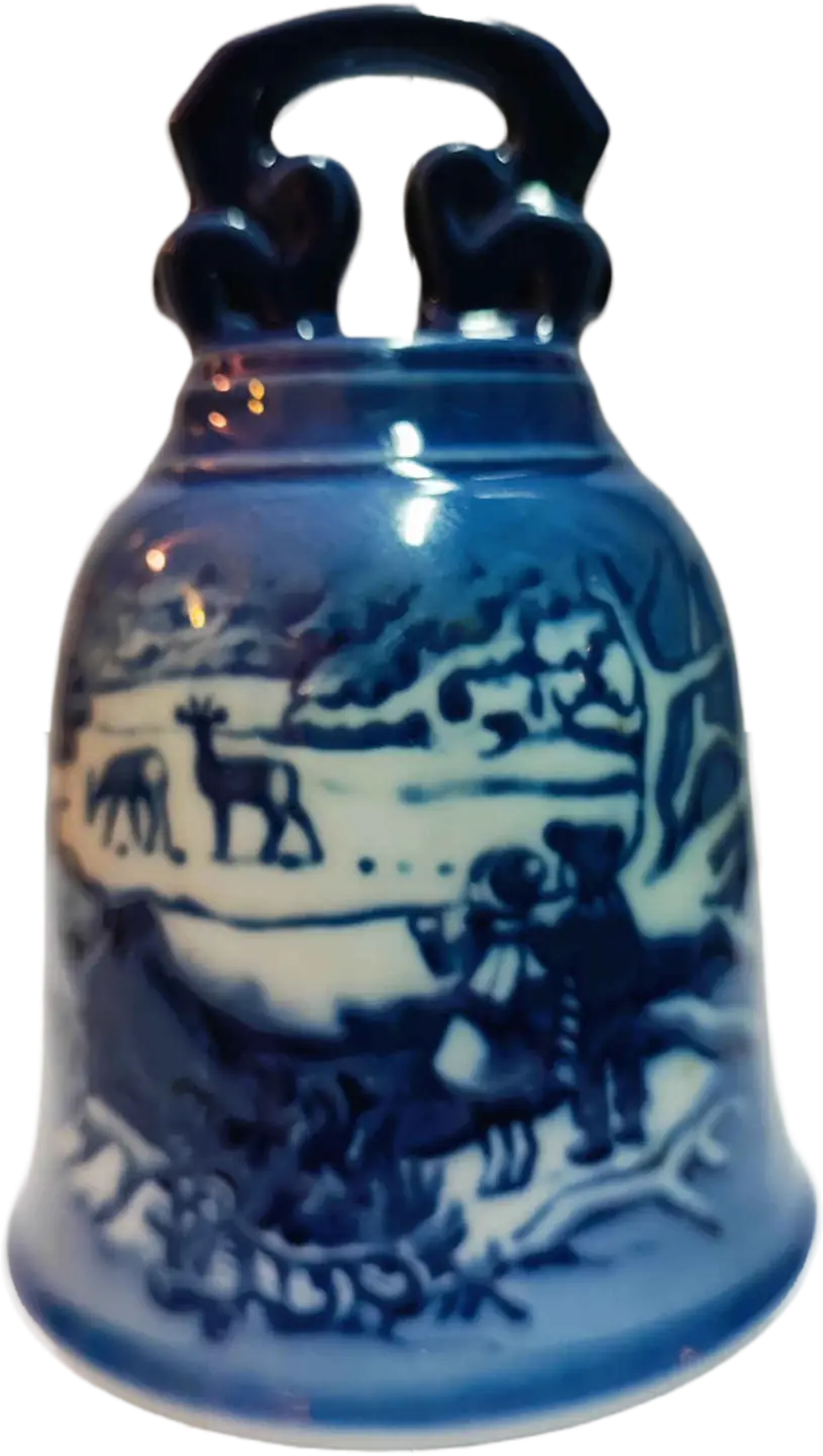 Campanella di Natale Royal Copenhagen diametro 7.5 CM · Altezza cm 11 Bianco Blu Oro · Sven Vestergaard · La foresta in inverno · RC-C-BELLS-2002