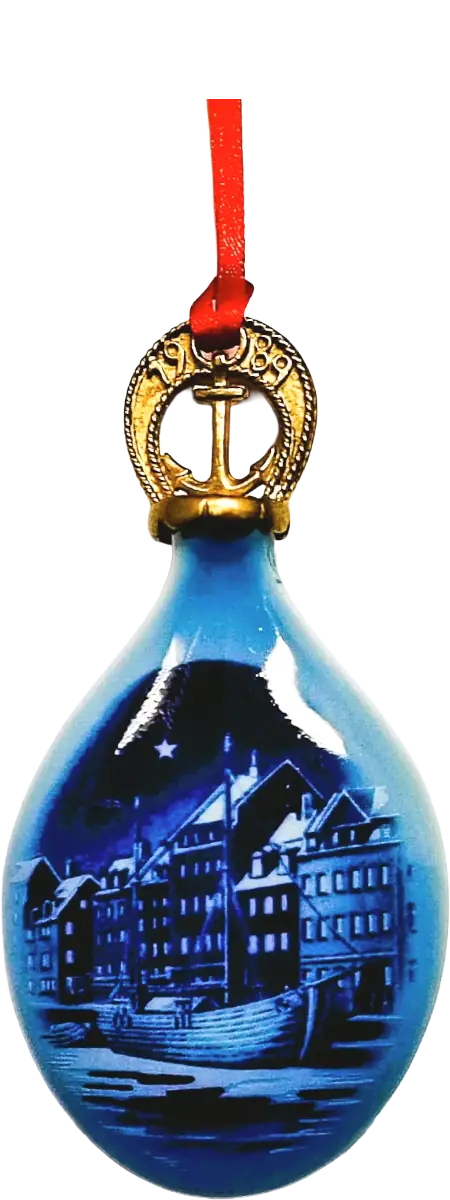 Goccia di Natale Bing & Grøndahl · Altezza 9 cm Bianco Blu Oro · Edvard Jensen · Ancoraggio di Natale a Nyhavn · B&G-C-DROP-1989