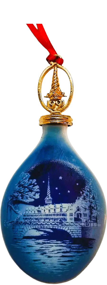 Goccia di Natale Bing & Grøndahl · Altezza 9 cm Bianco; Blu; Oro · Edvard Jensen · La Borsa di Copenhagen a Natale · B&G-C-DROP-1991