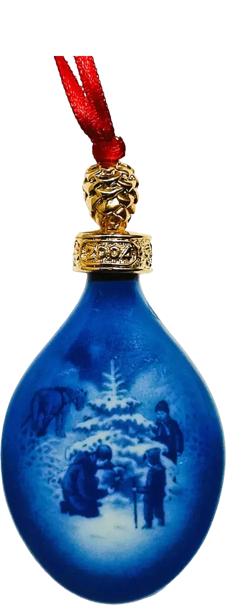 Goccia di Natale Bing & Grøndahl · Altezza 9 cm Bianco; Blu; Oro · Jørgen Nielsen · L’Abbattimento dell’Albero di Natale · B&G-C-DROP-2004