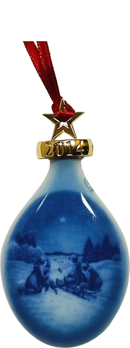 Goccia di Natale Bing & Grøndahl · Altezza 9 cm Bianco Blu Oro · Jørgen Nielsen · Giro in Slitta sulla Neve · B&G-C-DROP-2014