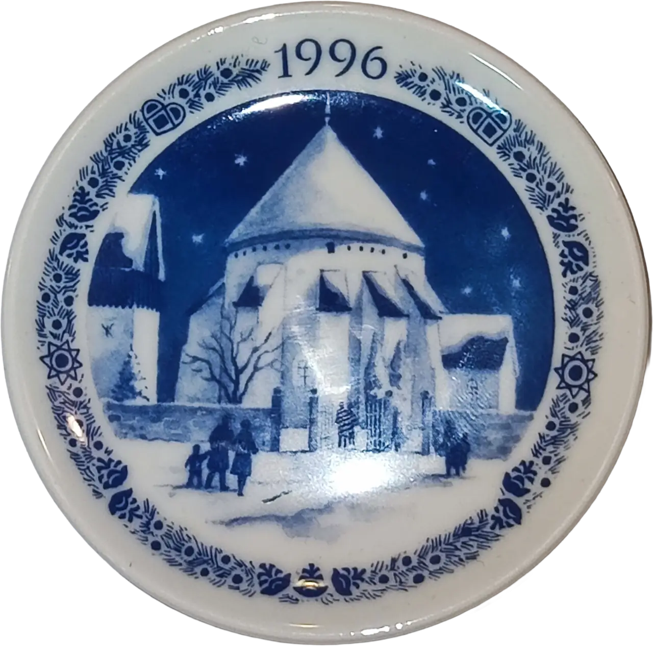 Placchetta di Natale Royal Copenhagen diametro 8 cm · Blu; Bianco · - · Chiesa Rotonda di Østerlars        · RC-C-PLACCHETTE-1996