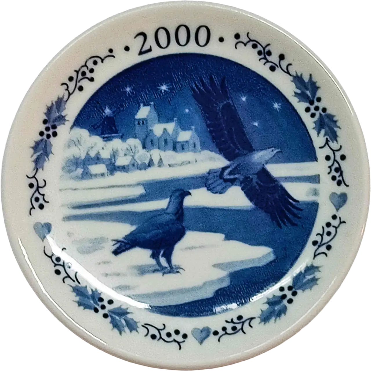 Placchetta di Natale Royal Copenhagen diametro 8 cm · Blu; Bianco · - · Fiordo di Karrebæk · RC-C-PLACCHETTE-2000