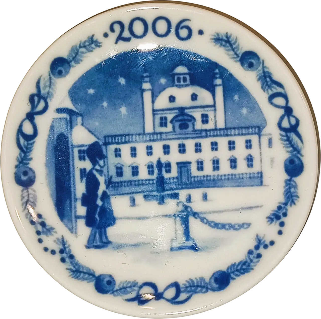 Placchetta di Natale Royal Copenhagen diametro 8 cm · Blu e Bianco · Sven Vestergaard · Castello di Fredensborg · RC-C-PLACCHETTE-2006