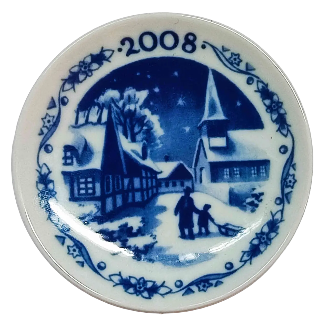 Placchetta di Natale Royal Copenhagen diametro 8 cm · Blu; Bianco · Sven Vestergaard · Reersø – I gatti senza coda · RC-C-PLACCHETTE-2008