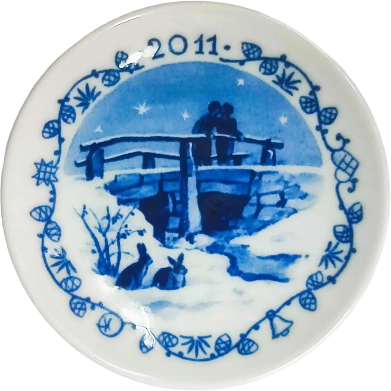 Placchetta di Natale Royal Copenhagen diametro 8 cm · Blu; Bianco · Sven Vestergaard · Ponte di Immervad · RC-C-PLACCHETTE-2011