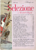 Copertina della rivista Selezione dal Reader's Digest di novembre 1957. A sinistra, una fotografia dei Vigili del Fuoco di Milano impegnati su una scala aerea. A destra, il sommario con titoli su Dale Carnegie, l'Iraq e l'esplorazione dello spazio. Prezzo 150 Lire.