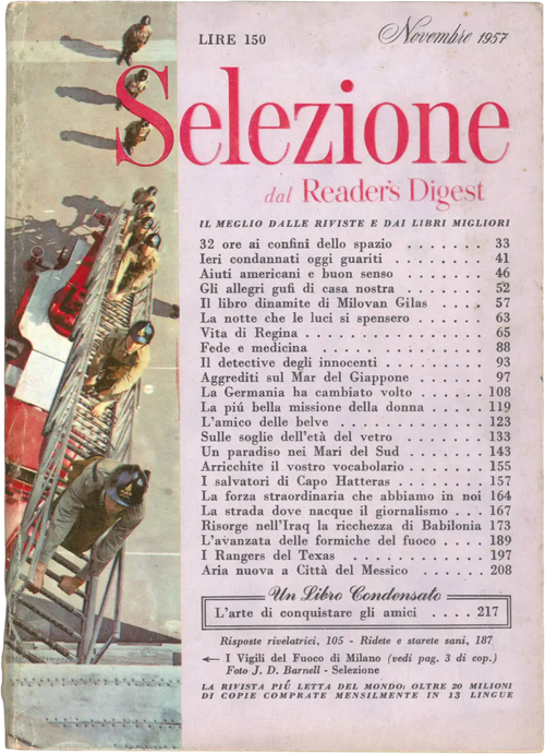 Copertina della rivista Selezione dal Reader's Digest di novembre 1957. A sinistra, una fotografia dei Vigili del Fuoco di Milano impegnati su una scala aerea. A destra, il sommario con titoli su Dale Carnegie, l'Iraq e l'esplorazione dello spazio. Prezzo 150 Lire.