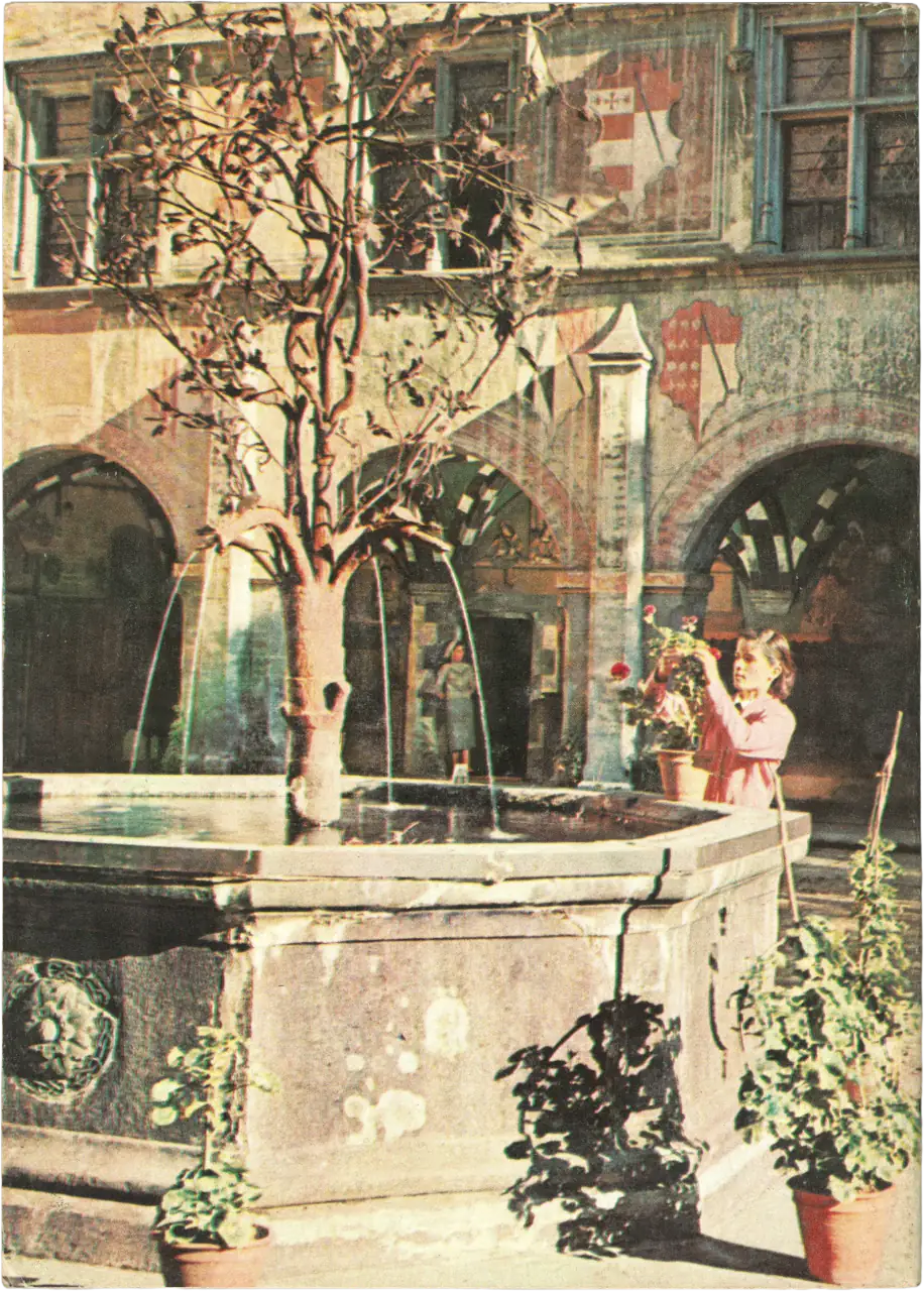 Fotografia a tutta pagina del celebre cortile del Castello d'Issogne. In primo piano la fontana del melograno in ferro battuto e una ragazza che cura delle piante in vaso. Sullo sfondo, le arcate del loggiato affrescato con stemmi araldici.