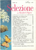 Copertina della rivista Selezione dal Reader's Digest di marzo 1958. Sulla sinistra, una striscia fotografica con farfalle gialle e fiori bianchi selvatici su fondo azzurro. A destra, l'indice degli articoli con titoli su Mark Twain, la lotta al fumo e la storia della gomma Goodyear. Prezzo 150 Lire.