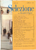 Copertina della rivista Selezione dal Reader's Digest di agosto 1958. Sulla sinistra, una fotografia di scena dell'Antigone di Sofocle al Teatro Greco di Siracusa con attori in costumi classici e scudi. A destra, su fondo giallo ocra, il sommario con titoli su Marceau, la corsa alla Luna e inchieste sulla Russia. Prezzo 150 Lire.