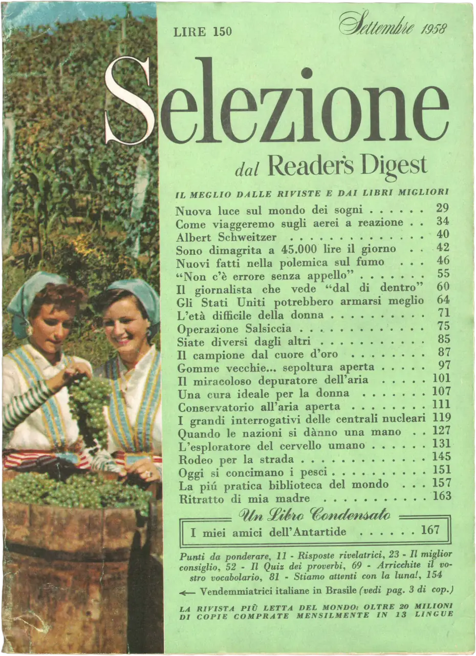 Copertina della rivista Selezione dal Reader's Digest di settembre 1958. Sulla sinistra, una foto di due giovani vendemmiatrici in costumi tradizionali con grappoli d'uva. A destra, il sommario su fondo verde con titoli su aerei a reazione, centrali nucleari e Albert Schweitzer. Prezzo 150 Lire.