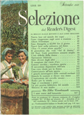 Copertina della rivista Selezione dal Reader's Digest di settembre 1958. Sulla sinistra, una foto di due giovani vendemmiatrici in costumi tradizionali con grappoli d'uva. A destra, il sommario su fondo verde con titoli su aerei a reazione, centrali nucleari e Albert Schweitzer. Prezzo 150 Lire.