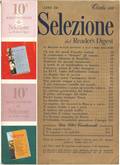 Copertina della rivista Selezione dal Reader's Digest di ottobre 1958, numero del 10° anniversario. La parte sinistra presenta un collage celebrativo con loghi dorati del decennale e miniature di copertine storiche. La parte destra riporta il sommario su fondo ocra, con titoli su FIAT, astronauti e Nixon. In alto a destra è indicato il prezzo di 150 Lire.