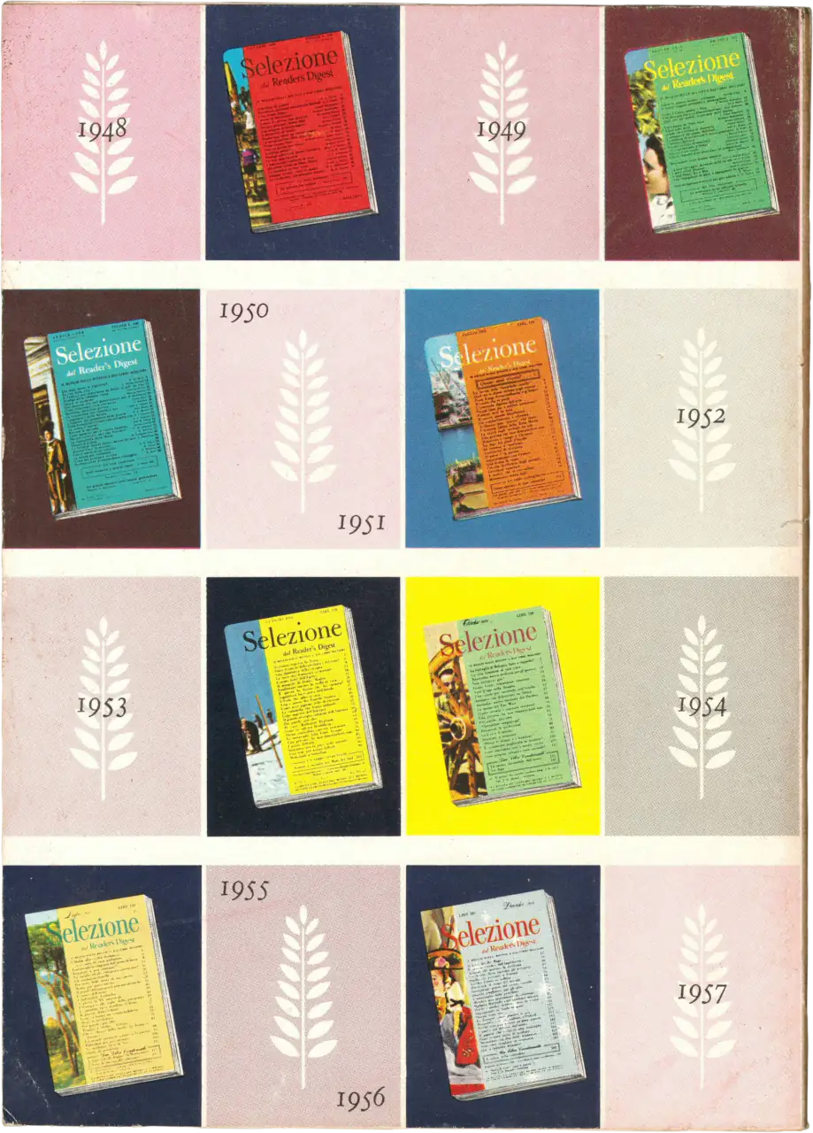 Grafica celebrativa per il decennale di Selezione (1948-1958). Una griglia colorata mostra una sequenza di copertine storiche della rivista alternate ad anni e icone di ramoscelli di alloro stilizzati. I riquadri sono nei colori pastello rosa, blu, grigio e giallo, documentando l'evoluzione grafica della testata nel primo decennio di pubblicazione in Italia.