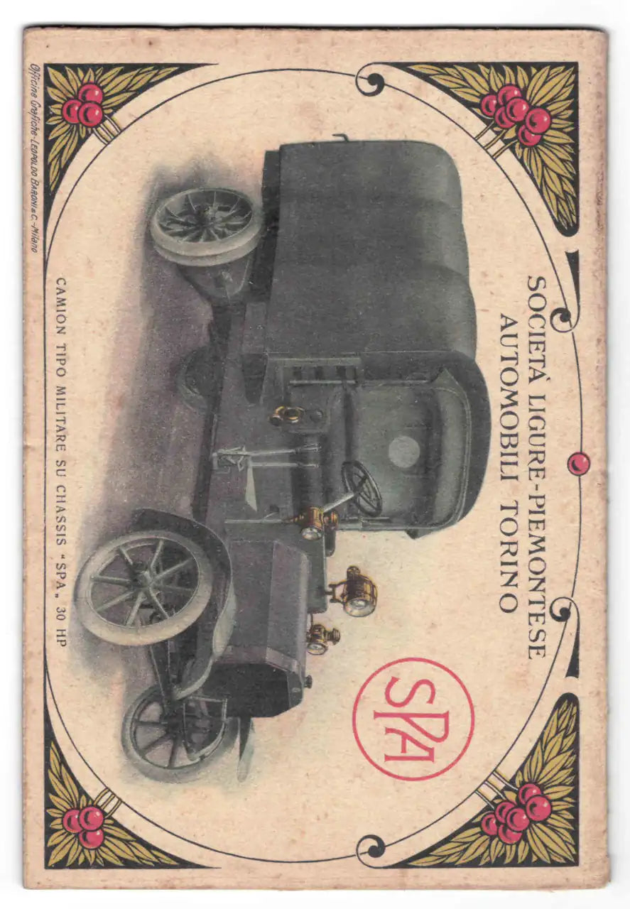 Rivista Mensile Touring Club Italiano, Maggio 1917, inserzione pubblicitaria "Società Ligure-Piemontese-Automobili Torino" che raffigura un camion tipo militare su Chassis - SPA - 30 HP.