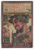 Copertina della Rivista Mensile del Touring Club Italiano del 1° giugno 1917, con illustrazione pubblicitaria Gancia raffigurante una figura sorridente tra foglie d’uva mentre versa un calice di spumante.