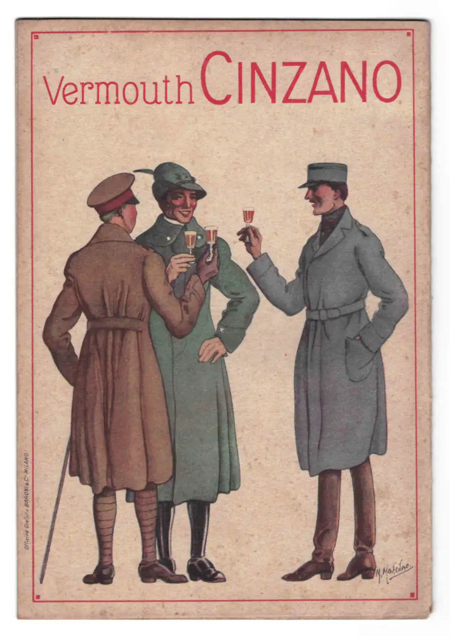 Celebre inserzione pubblicitaria del Vermouth Cinzano, con l'illustrazione di tre ufficiali in divisa che brindano, pezzo iconico del design pubblicitario d'inizio secolo.