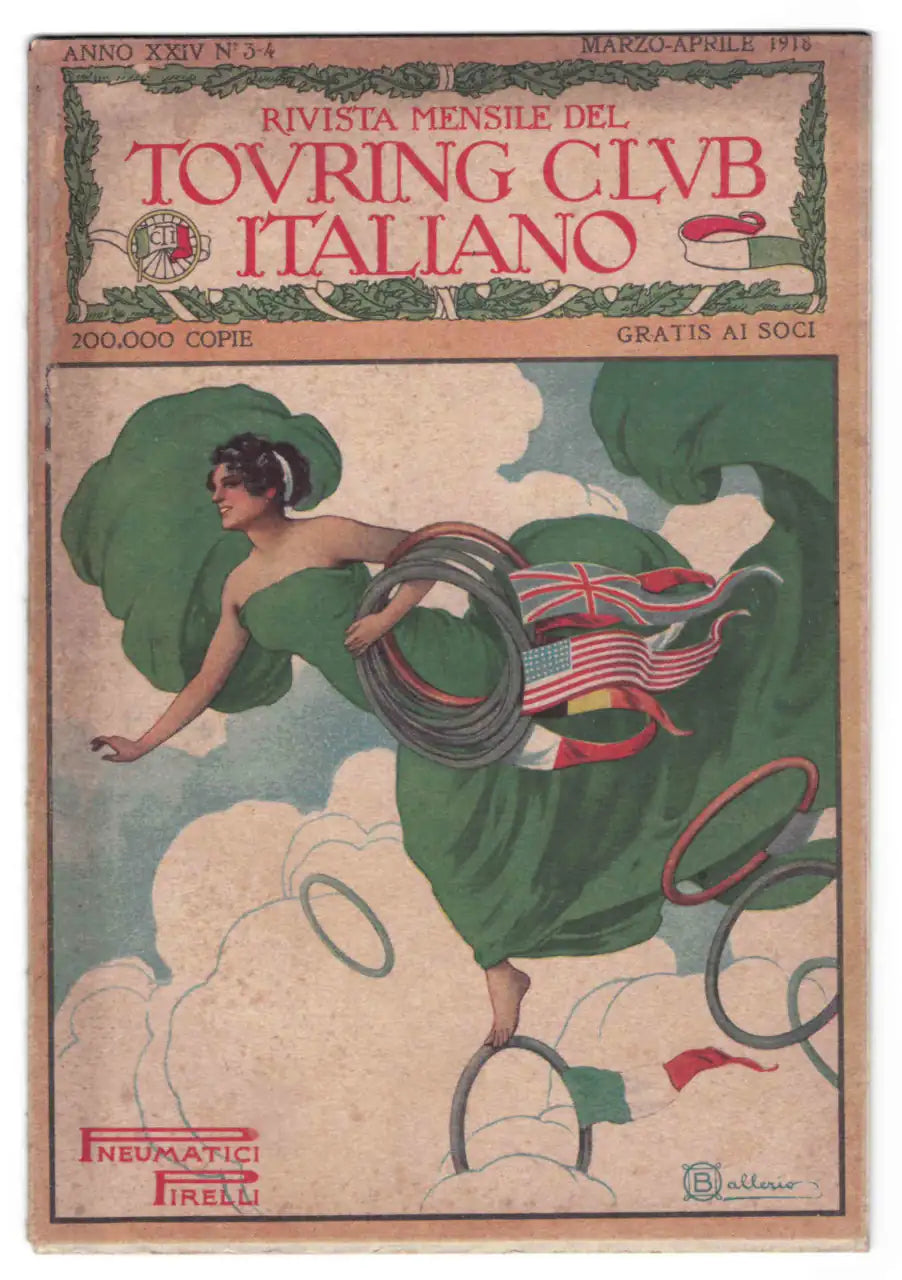 Iconica copertina illustrata da Ballerio per Pneumatici Pirelli. Una figura femminile eterea vola tra le nuvole stringendo pneumatici e bandiere delle nazioni alleate. I colori sono vividi e la grafica è di grande impatto visivo.