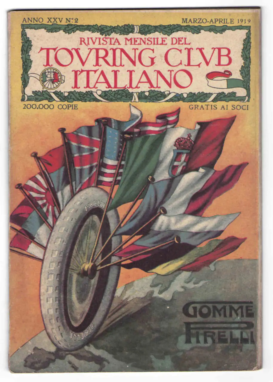 Fronte: Copertina Touring Club Italiano 1919 N.2 con pubblicità Gomme Pirelli. Uno pneumatico Pirelli con bandiere delle nazioni alleate su sfondo giallo e arancio.