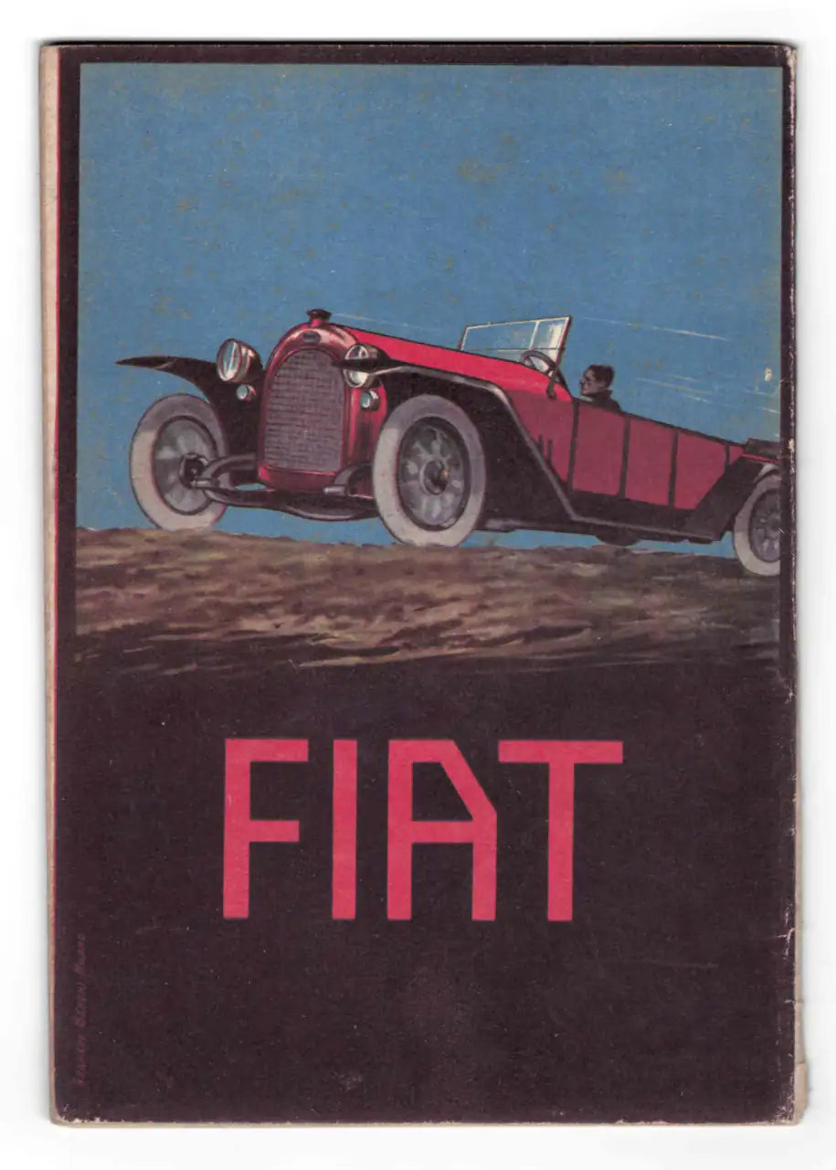 Retro: Pubblicità d'epoca FIAT con auto sportiva rossa in corsa su un terreno sterrato, cielo azzurro e grande logo FIAT rosa su sfondo nero.