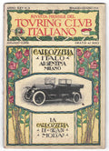 Copertina della rivista Touring Club Italiano 1919 con illustrazione Liberty della Carrozzeria Italo-Argentina di Milano. Una vettura d'epoca è incorniciata da una decorazione floreale di rose rosa.