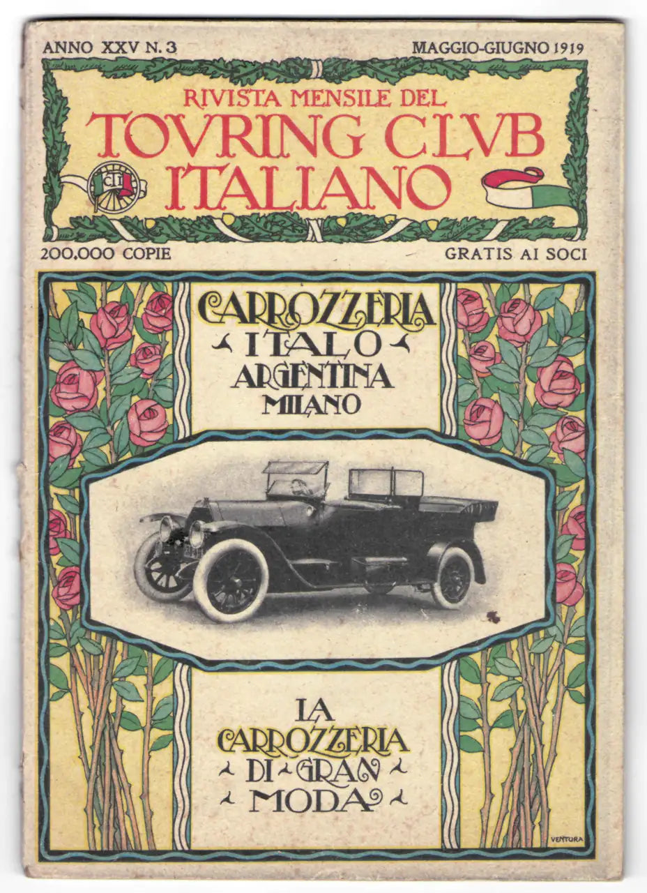 Copertina della rivista Touring Club Italiano 1919 con illustrazione Liberty della Carrozzeria Italo-Argentina di Milano. Una vettura d'epoca è incorniciata da una decorazione floreale di rose rosa.