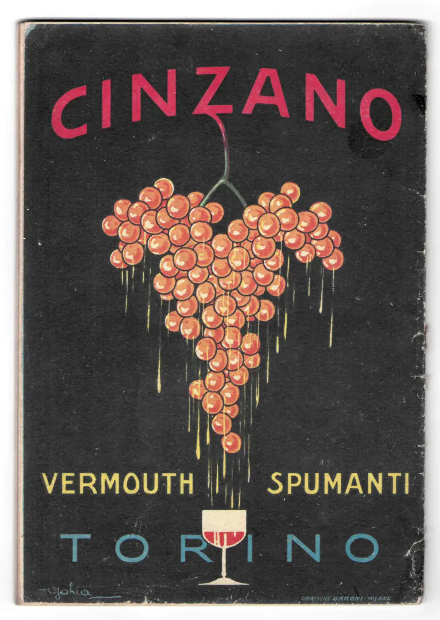 Pubblicità d'epoca Vermouth Cinzano Torino, grafica di Gohìa. Un grappolo d'uva stilizzato che versa nettare in un calice su sfondo nero profondo.