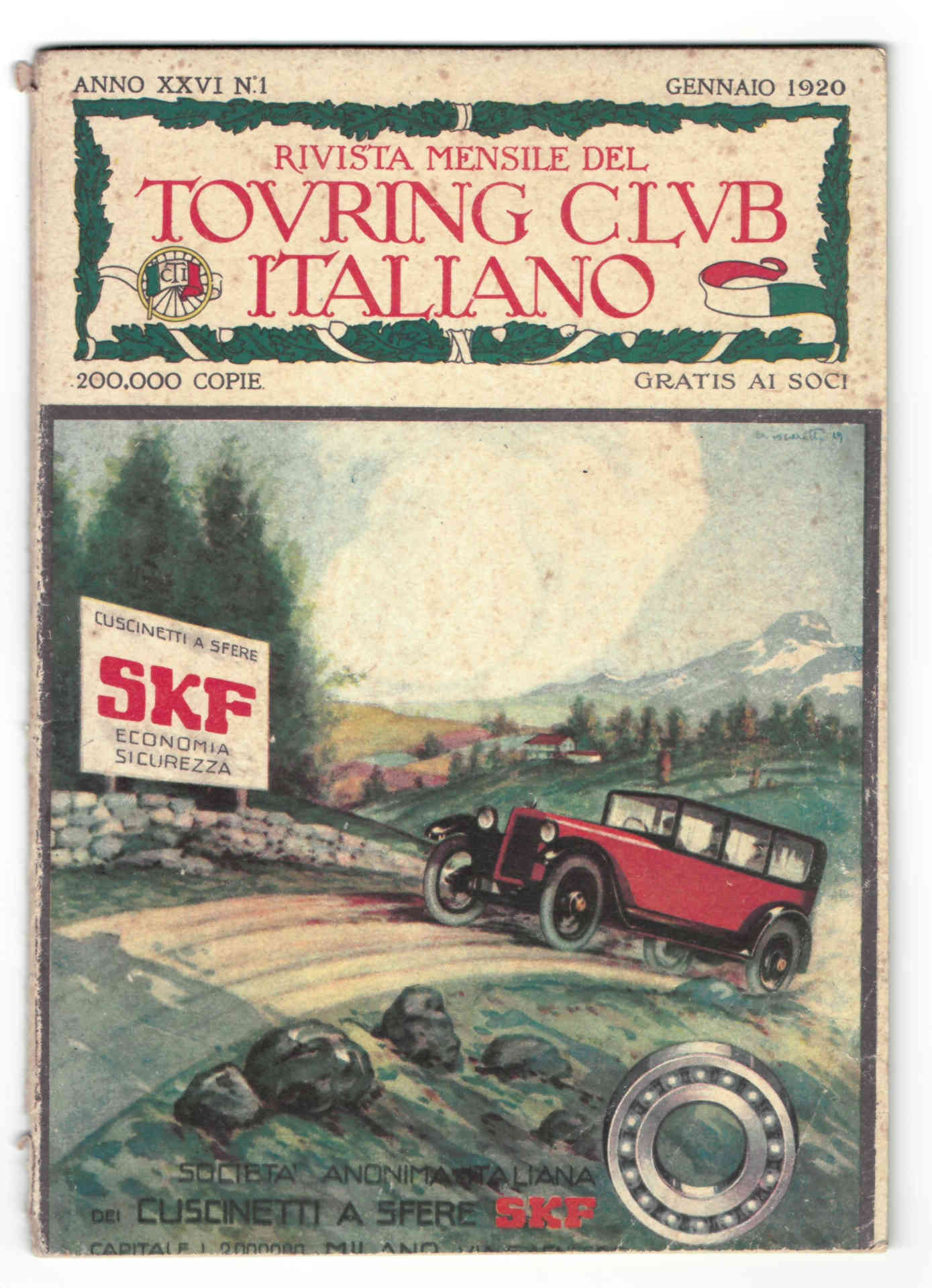Copertina Touring Club Italiano Gennaio 1920 con pubblicità SKF. Un'auto d'epoca rossa su una strada di montagna accanto a un cartello SKF e al disegno tecnico di un cuscinetto.