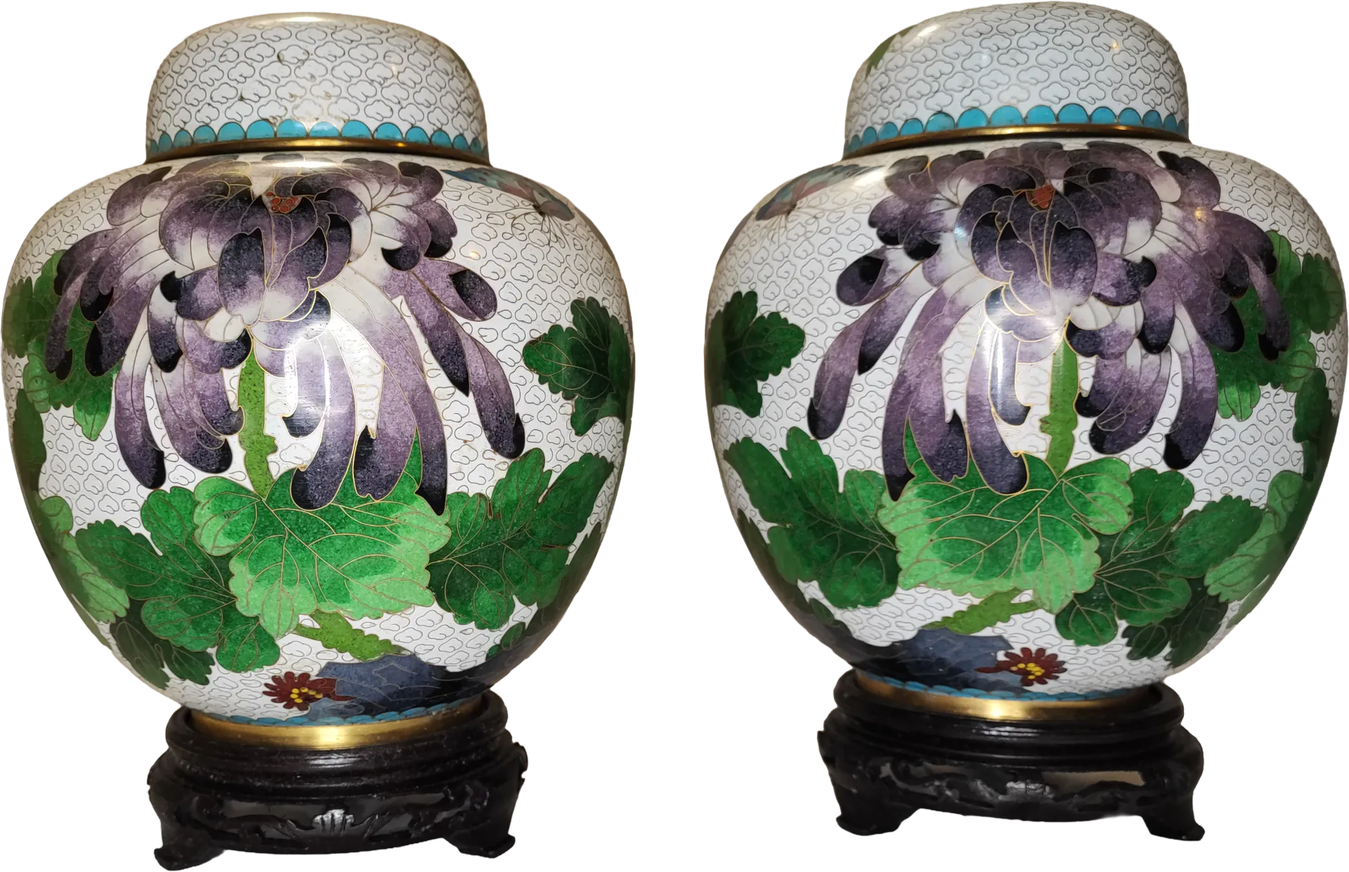 Vase • Flowers • Spiral Clouds - In White Enamel • Cloisonné • Ginger Jar (Pair)