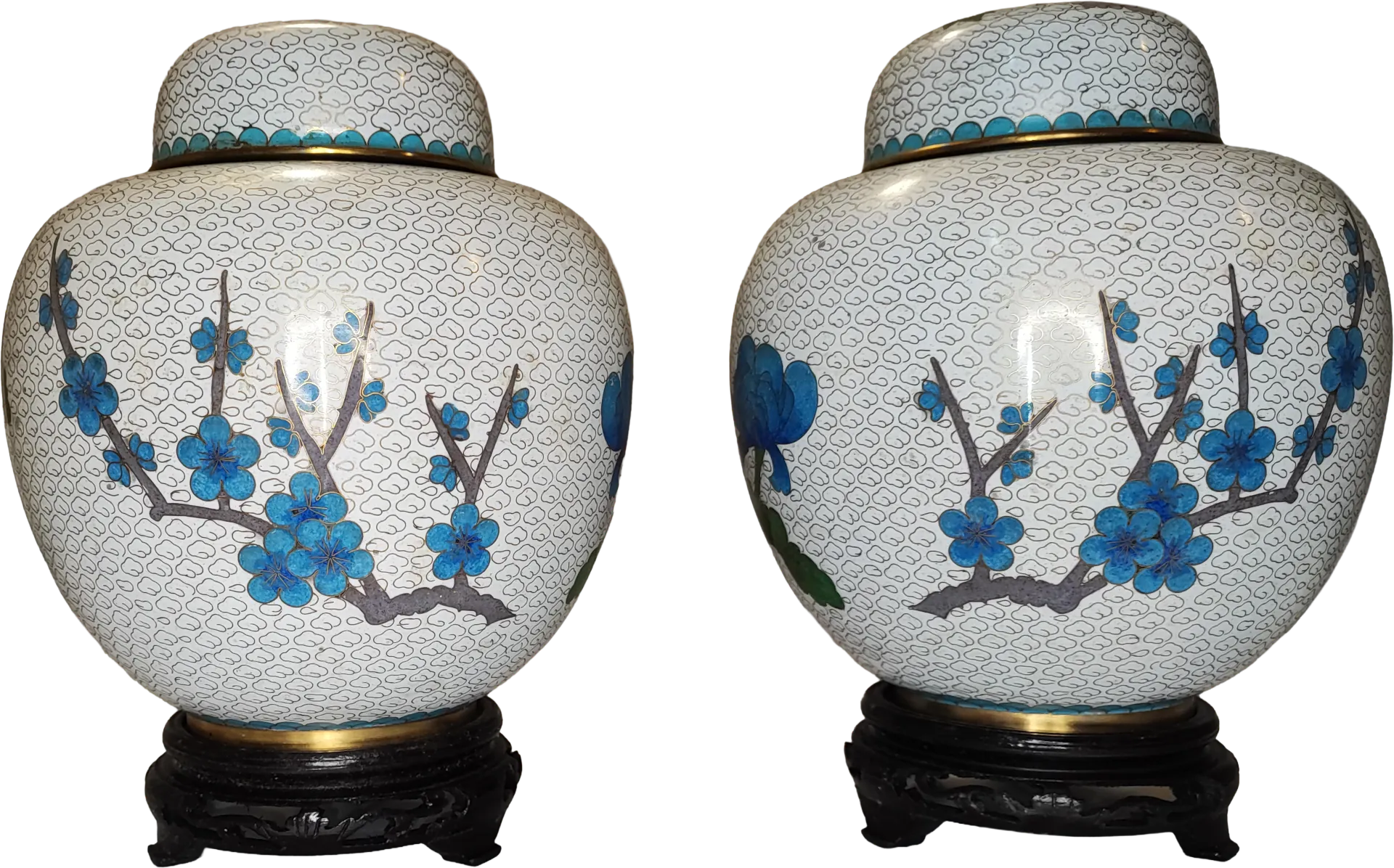 Vase • Flowers • Spiral Clouds - In White Enamel • Cloisonné • Ginger Jar (Pair)