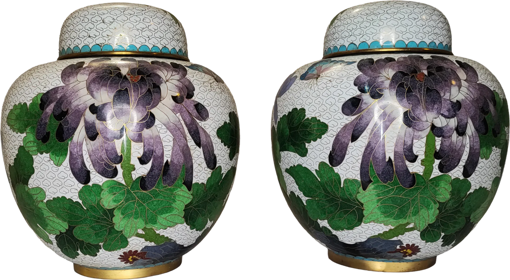 Vase • Flowers • Spiral Clouds - In White Enamel • Cloisonné • Ginger Jar (Pair)