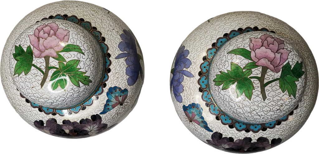 Vase • Flowers • Spiral Clouds - In White Enamel • Cloisonné • Ginger Jar (Pair)