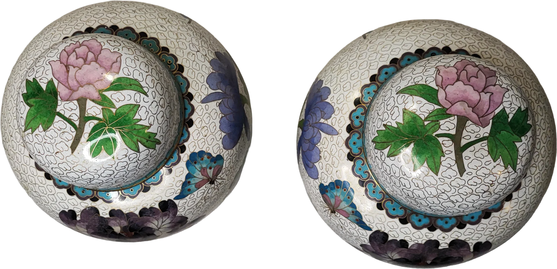 Vase • Flowers • Spiral Clouds - In White Enamel • Cloisonné • Ginger Jar (Pair)