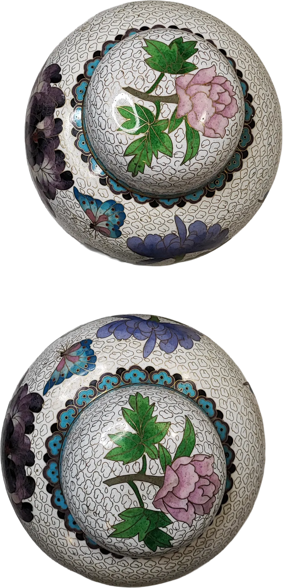 Vase • Flowers • Spiral Clouds - In White Enamel • Cloisonné • Ginger Jar (Pair)