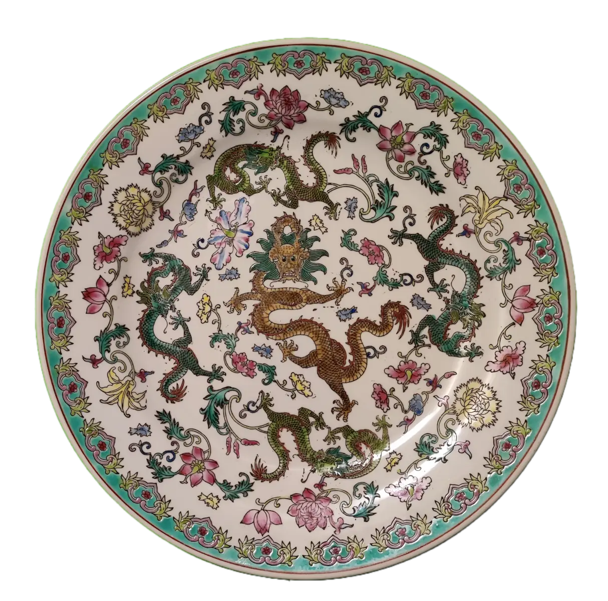 Piatto Cinese in Porcellana Jingdezhen. 5 Draghi Dipinti a Mano (25 cm).