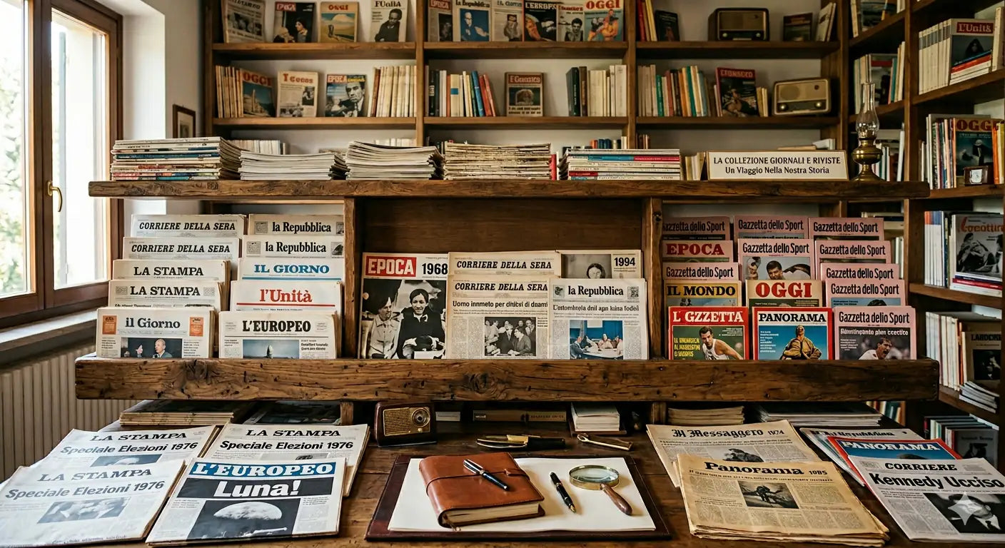 Vendita online di giornali e riviste d'epoca italiani su mazzotta.store. L'immagine mostra scaffali in legno pieni di numeri storici rari e collezionabili di testate celebri come Corriere della Sera, La Stampa ed Epoca.