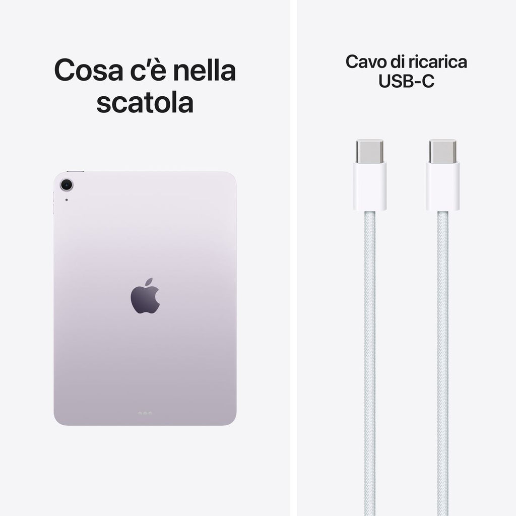 Apple iPad Air 11-inch (M4, 128GB, Wi‑Fi) in Purple — Italian model. Slim aluminum design, edge‑to‑edge Liquid Retina display, top button with Touch ID, and USB‑C port. mazzotta.store.