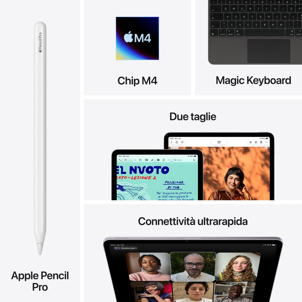 Apple iPad Air 11-inch (M4, 128GB, Wi‑Fi) in Purple — Italian model. Slim aluminum design, edge‑to‑edge Liquid Retina display, top button with Touch ID, and USB‑C port. mazzotta.store.