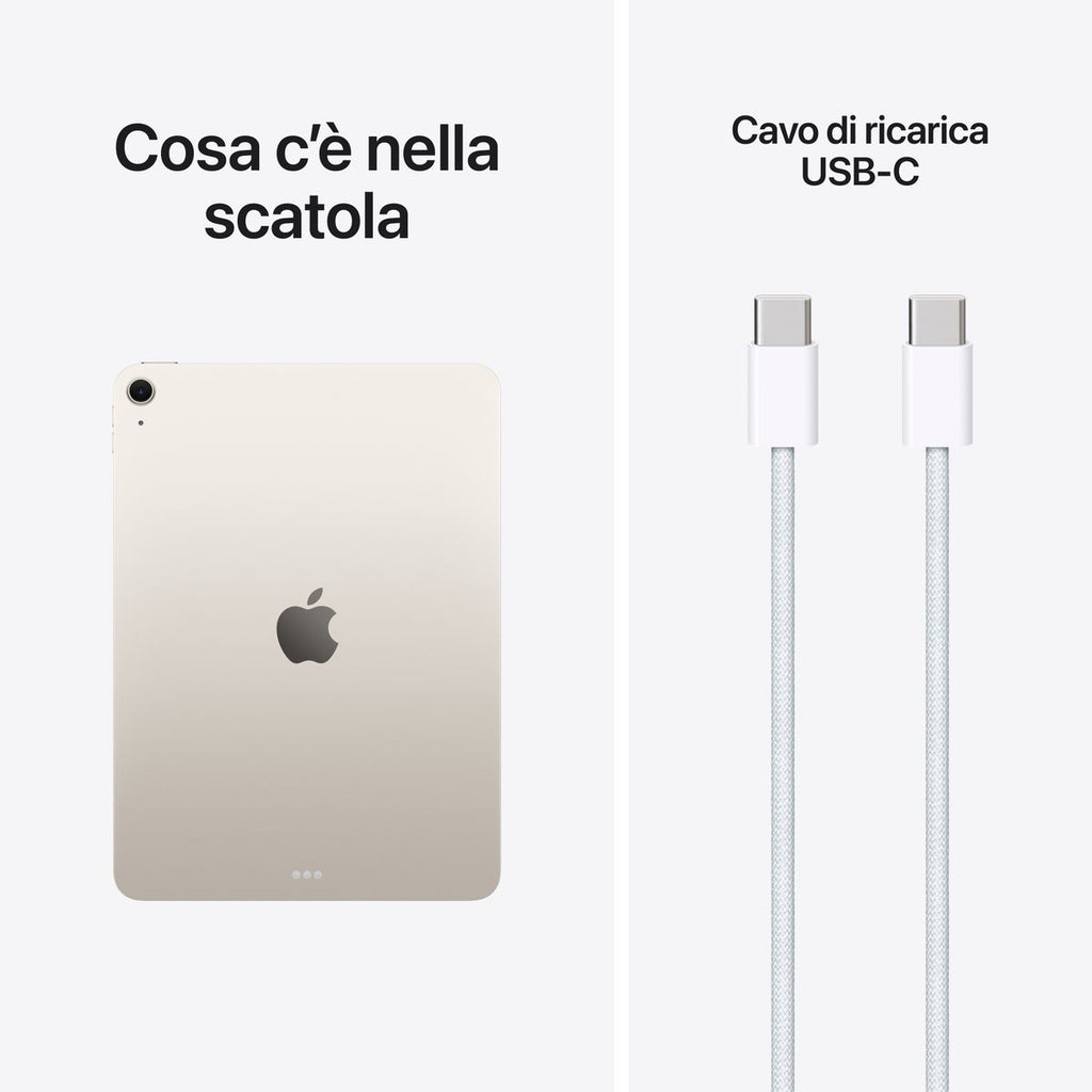 Apple iPad Air 11-inch (M4, 128GB, Wi‑Fi) in Starlight — Italian model. Slim aluminum design, edge‑to‑edge Liquid Retina display, top button with Touch ID, and USB‑C port. mazzotta.store.