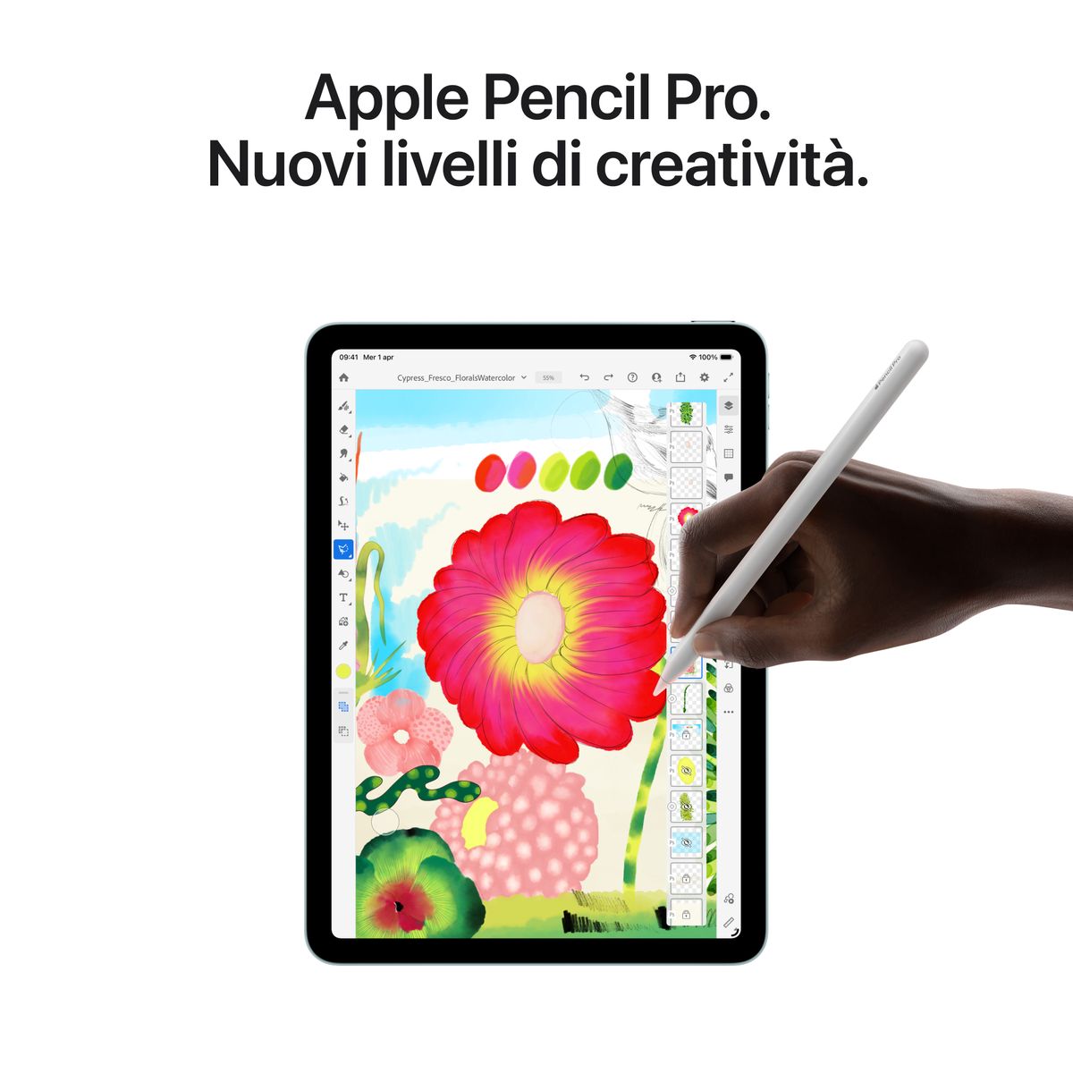 Apple iPad Air 11-inch (M4, 256GB, Wi‑Fi + Cell Cellulare 5G) in Blue — Italian model. Slim aluminum design, edge‑to‑edge Liquid Retina display, top button with Touch ID, and USB‑C port. mazzotta.store.